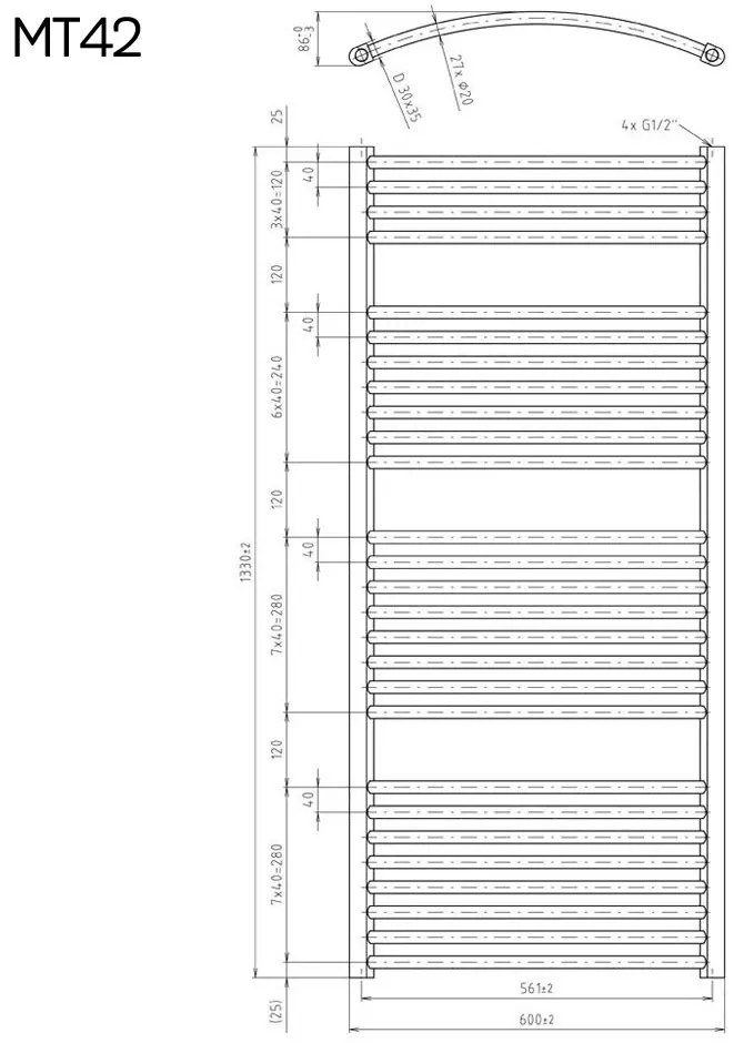 Mereo Mereo, Vykurovací rebrík, 600x1330 mm, 1003 W, oblý, biely, MER-MT42