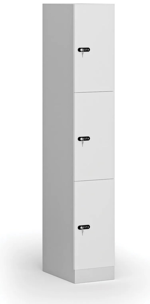 Šatníková skrinka S1 s úložnými boxmi, 3 boxy, 1850 x 300 x 500 mm, mechanický kódový zámok, laminované dvere, biela