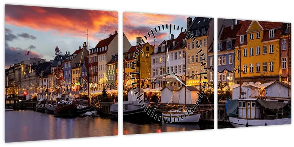 Obraz - Nyhavn, Kodaň (s hodinami) (90x30 cm)