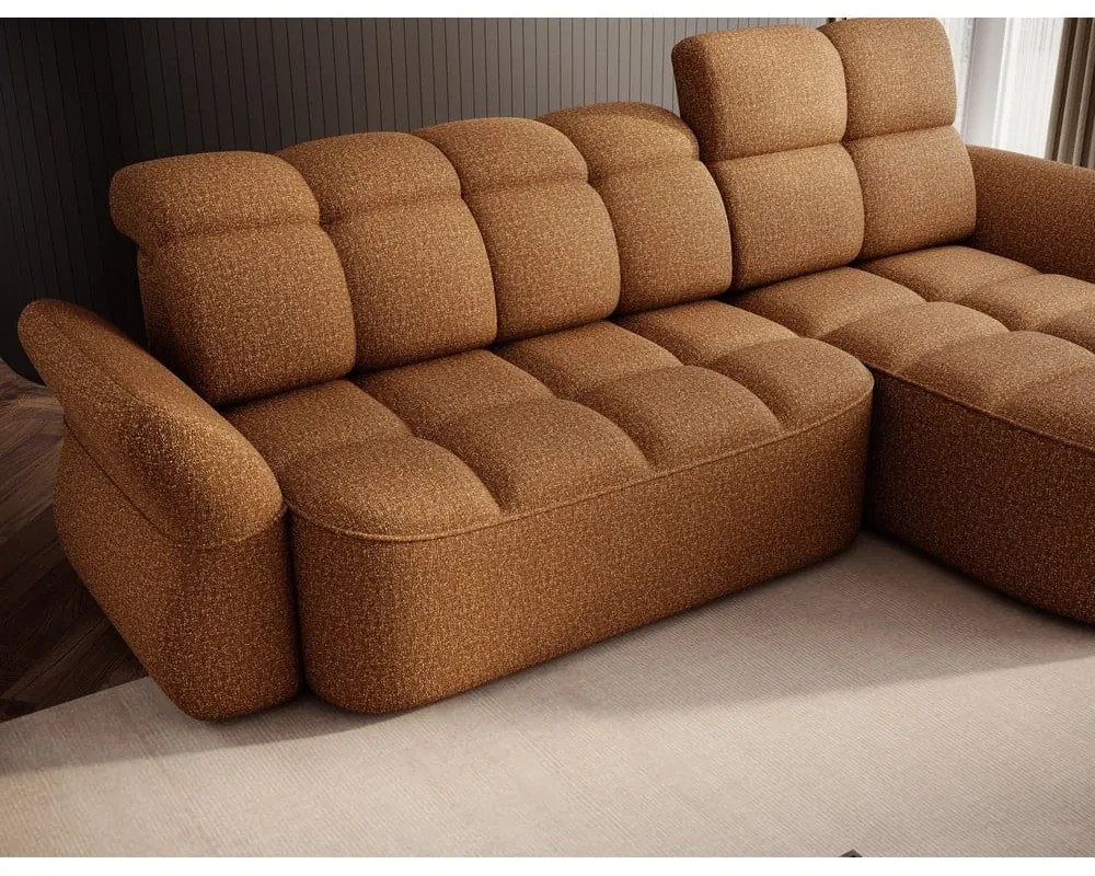 Žltá/hnedá zamatová rozkladacia/s úložným priestorom rohová pohovka (pravý roh/s leňoškou) Beneth – ELTAP