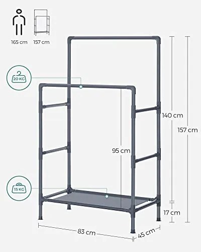 Stojan na oblečenie, 2 závesné tyče, 1 polica, 157x83x45cm, sivý