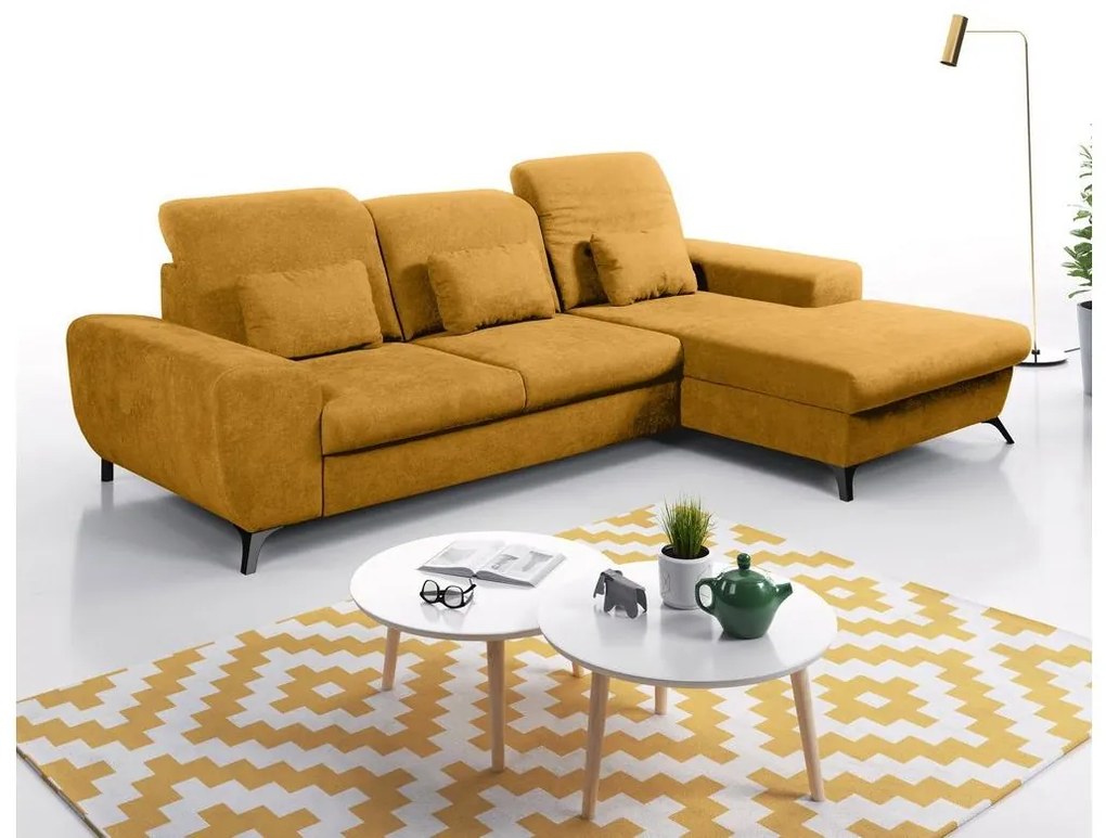 Rozkladacia rohová čalúnená sedacia súprava s úložným priestorom v tvare L ALTA, pravé prevedenie, žltá