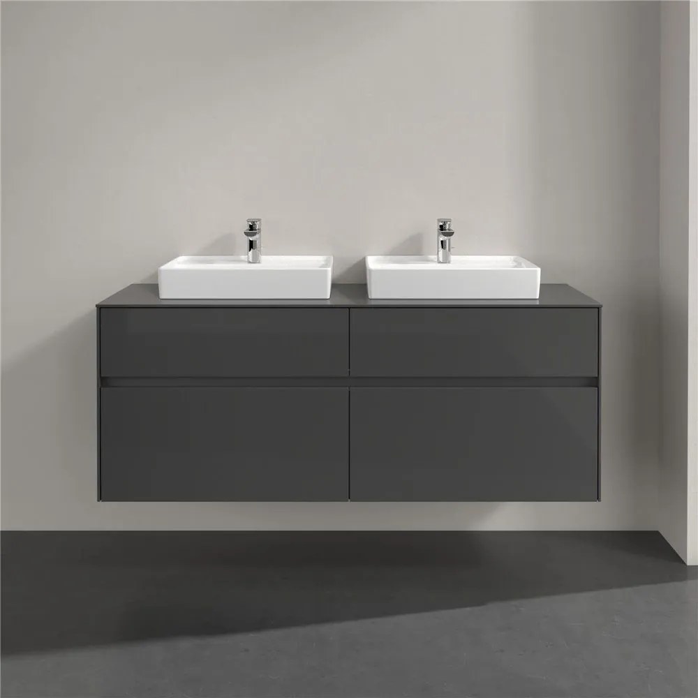 VILLEROY &amp; BOCH Collaro závesná skrinka pod dve umývadlá na dosku, 4 zásuvky, 1400 x 500 x 548 mm, Glossy Grey, C07600FP