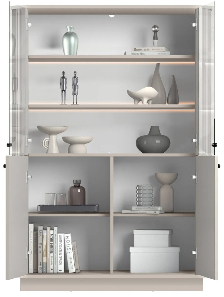 Vitrína Vesper 103 cm štvordverová na sokli - kašmír / čierne úchytky