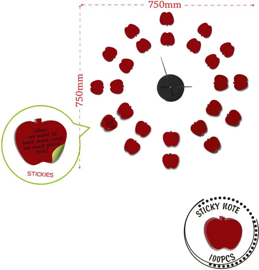 Nástenné samolepiace hodiny Mauro Ferretti Apples, ⌀ 75 cm