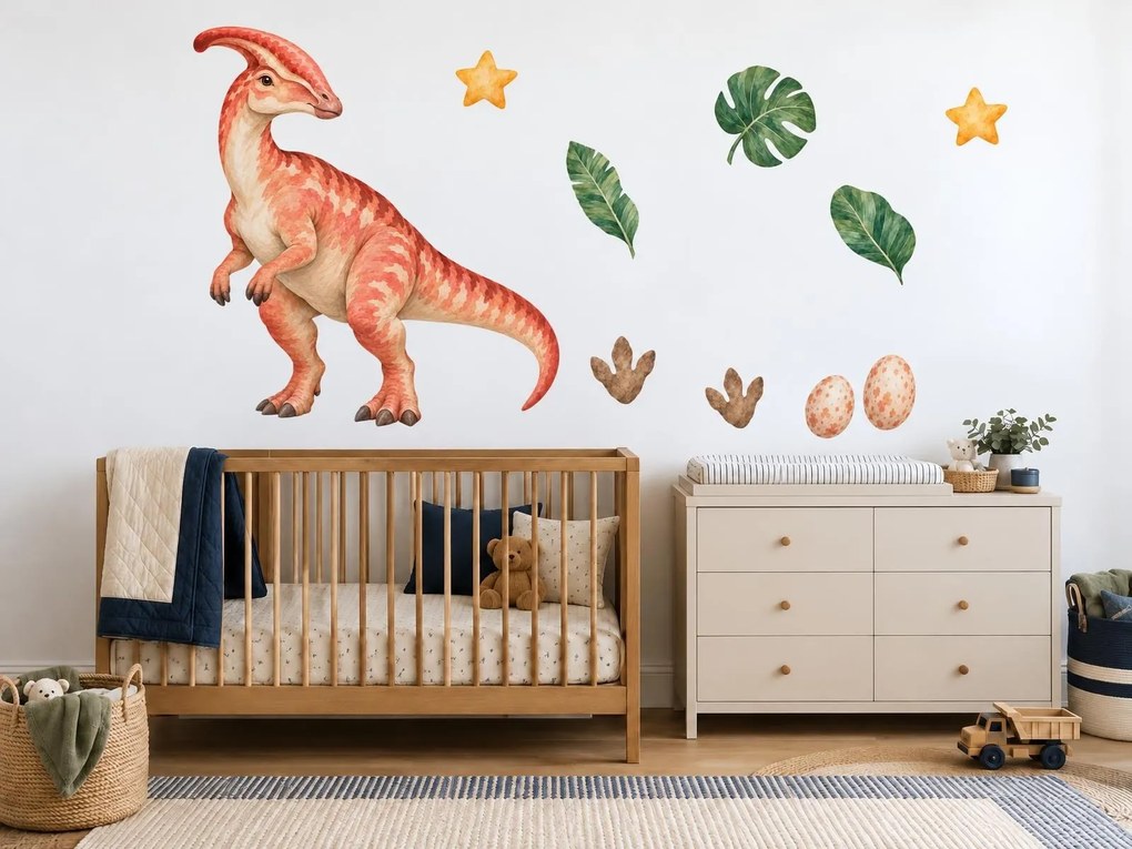 Parasaurolophus s vajíčkami akvarelové dinosaurí nálepky do detskej izby na stenu arch 35 x 46 cm