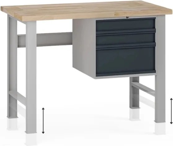 Výškovo nastaviteľný dielenský stôl G7, buková škárovka, 1200 x 685 x 840-1040 mm, 1x kontajner, 3 zásuvky, grafit