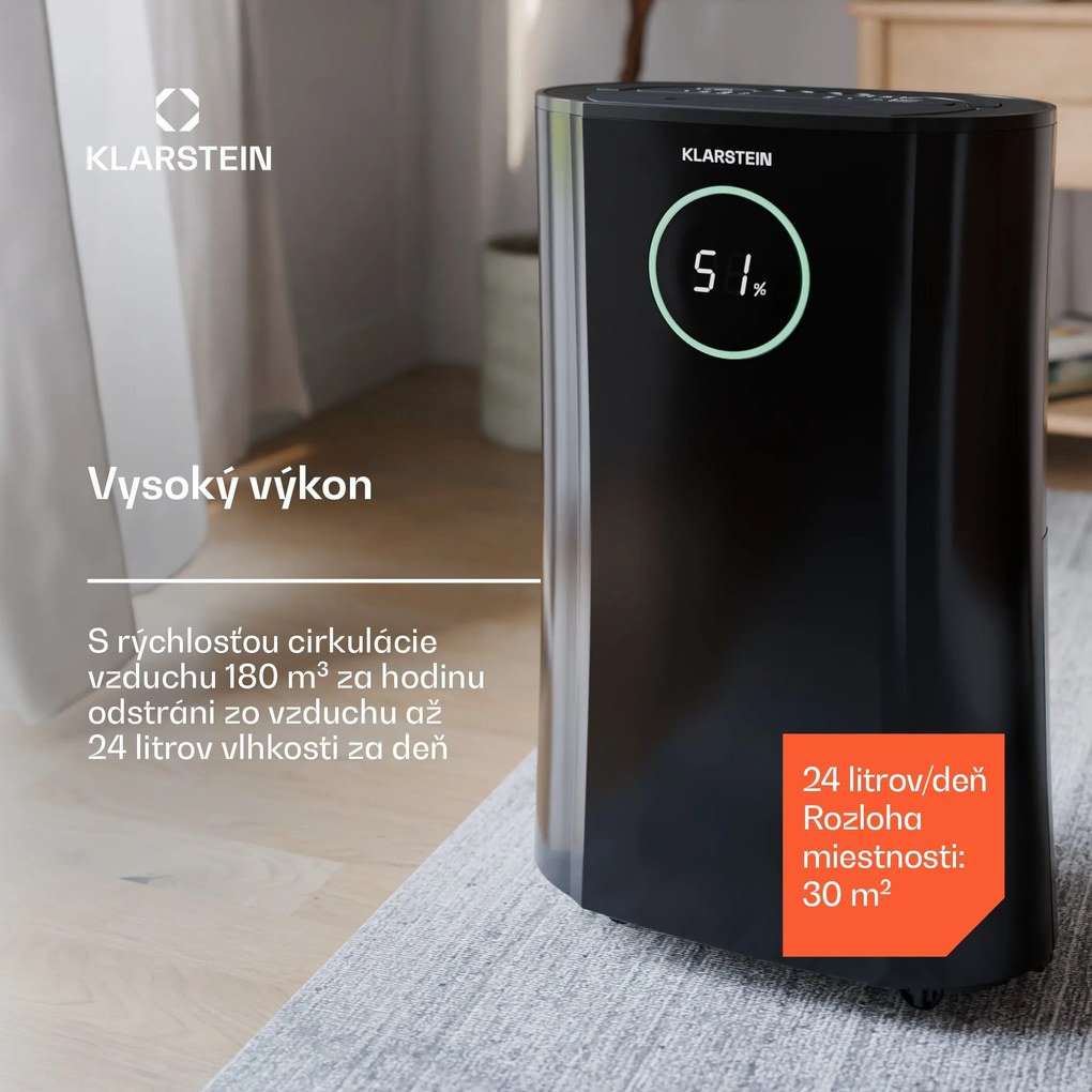 Klarstein DryFy ProConnect 24L odvlhčovač vzduchu, 24 l/deň, 30 m², WiFi, Aplikácia, LED indikátor, 24-hodinový časovač