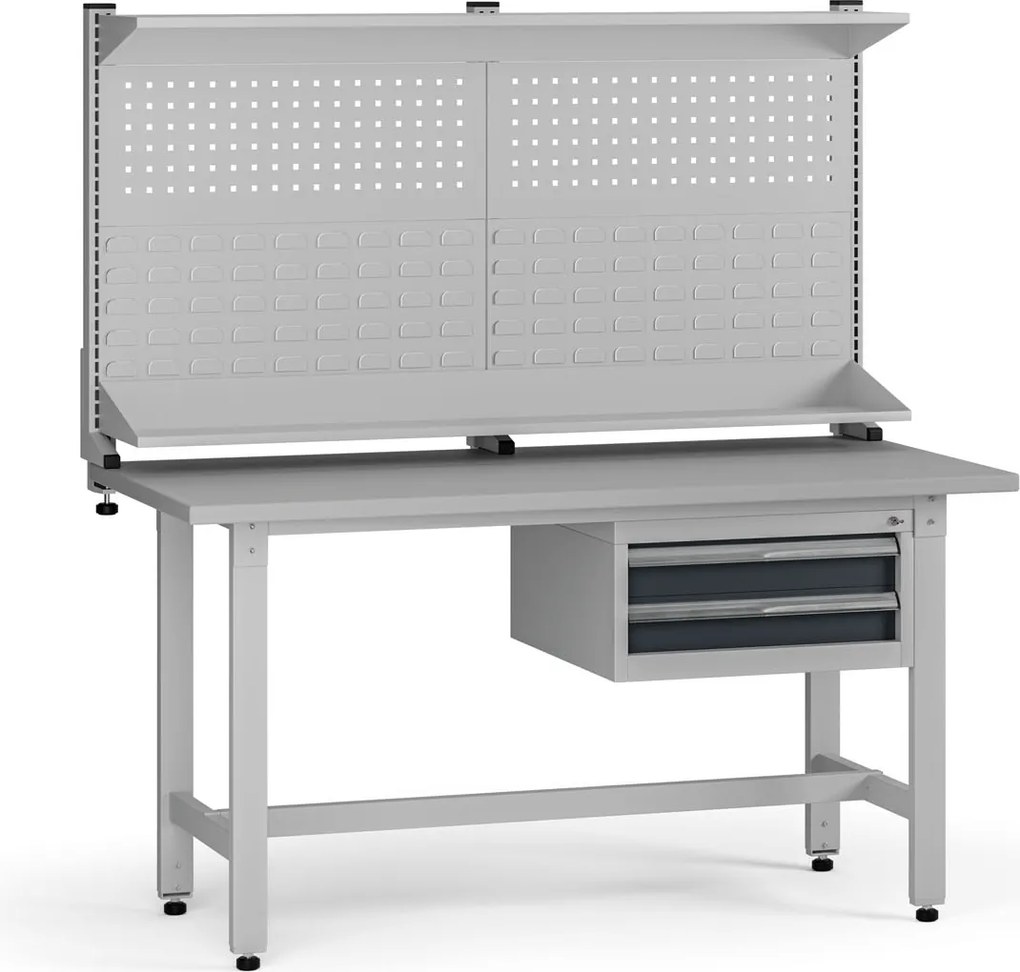 Výškovo nastaviteľný dielenský stôl G5 s nadstavbou, 1500 x 750 x 800-1000 mm, 1x kontajner, 2 zásuvky, grafit