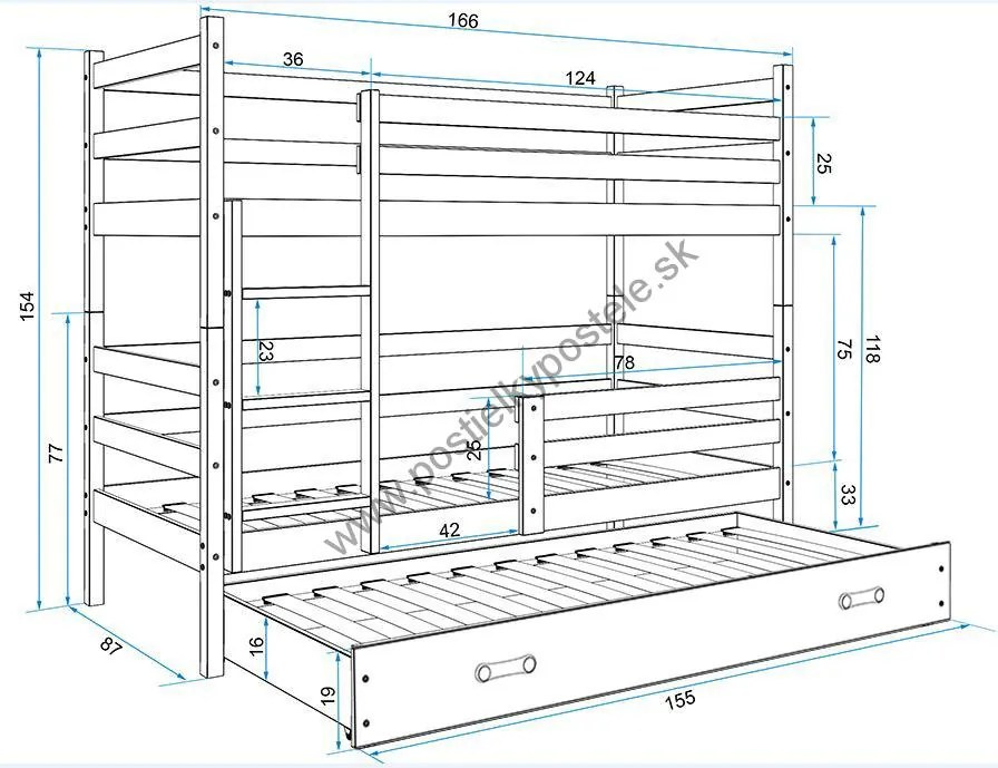 Poschodová posteľ s prístelkou ERIK 3 - 160x80cm - Biela - Zelená