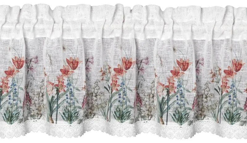 Dekorstudio Kuchynská záclonka NEMEZJA zdobená kvetinovou potlačou a čipkou 150 x 30 cm
