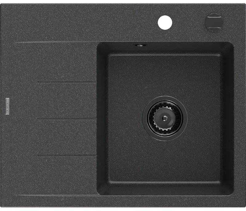 Mexen Ben, 1-komorový granitový drez 600x500x190 mm, pravý + čierny sifón, čierna škvrnitá, 6523605000-76-B