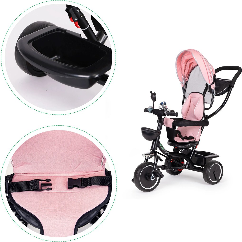 ECOTOYS detská trojkolka s otočným sedadlom 360°, odnímateľnou strieškou, ružová