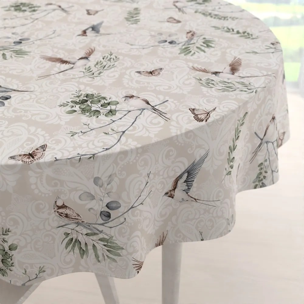 Biante Bavlnený okrúhly obrus Sandra SA-490 Lastovičky s motýlikmi na béžovom ornamente Ø 100 cm