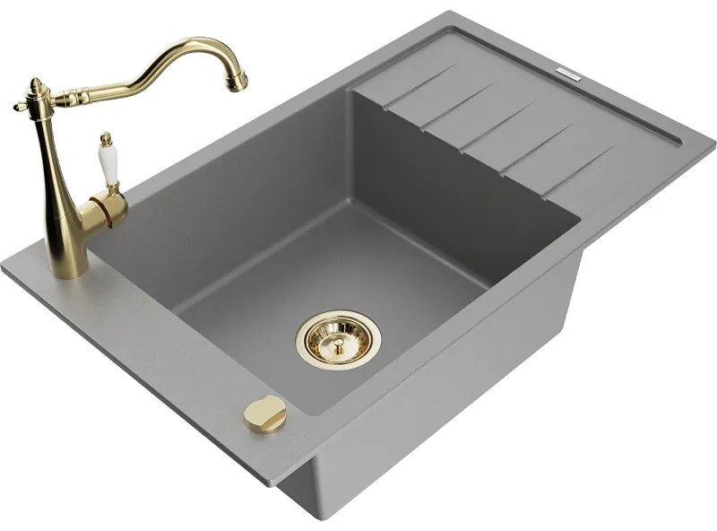Mexen Elias, granitový drez 795x480x200 mm, 1-komorový a drezová batéria Carla, šedá, 6511-71-670700-50