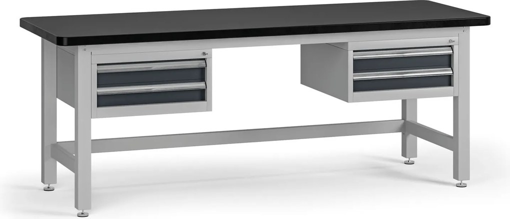 Pracovný stôl do dielne G4 s 2 závesnými boxami na náradie, MDF + PVC doska, 4 zásuvky, 2100 x 750 x 800 mm, grafit