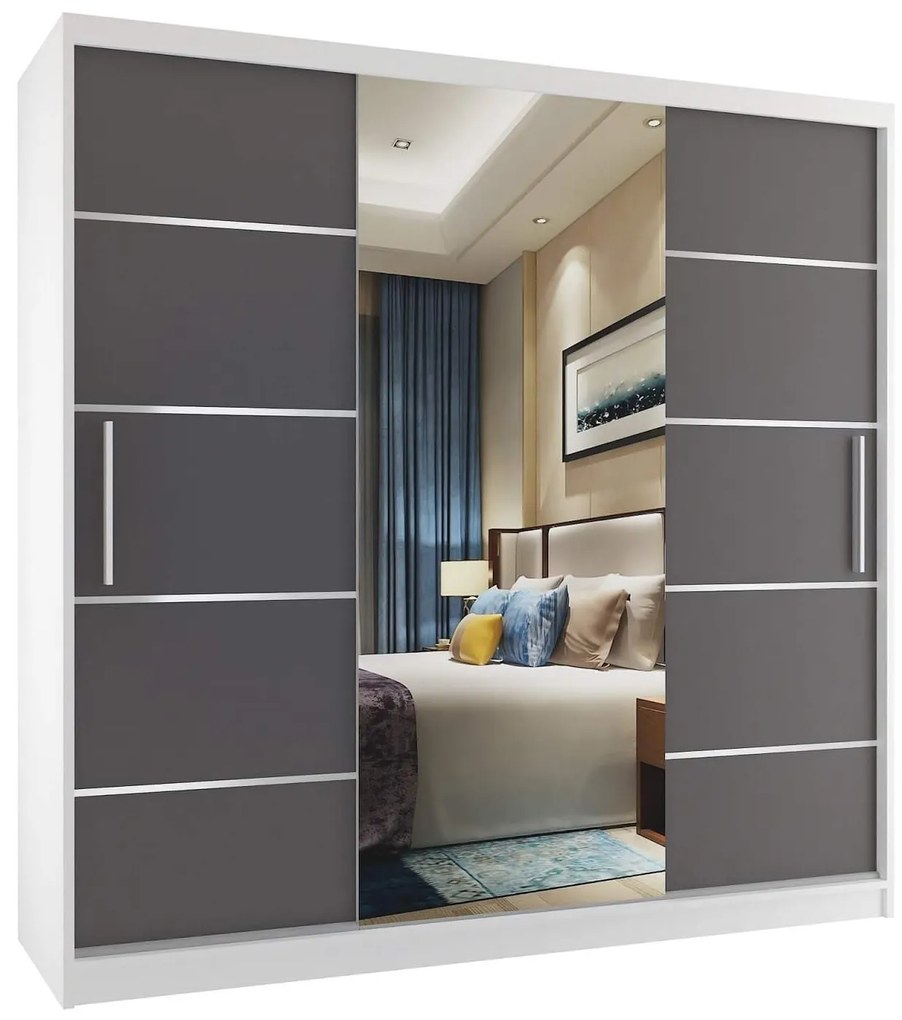 Šatníková skriňa 200 cm Belini biely mat / šedý mat  s posuvnými dverami zrkadlom a zásuvkami  MT SZP5/1/W/SR/0/KLAL