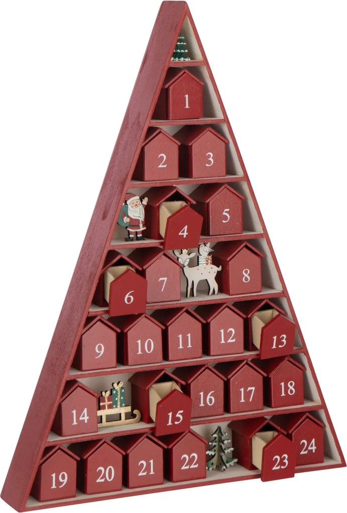 Adventní kalendář strom a domeček červený z překližky – 32*5,5*45 cm