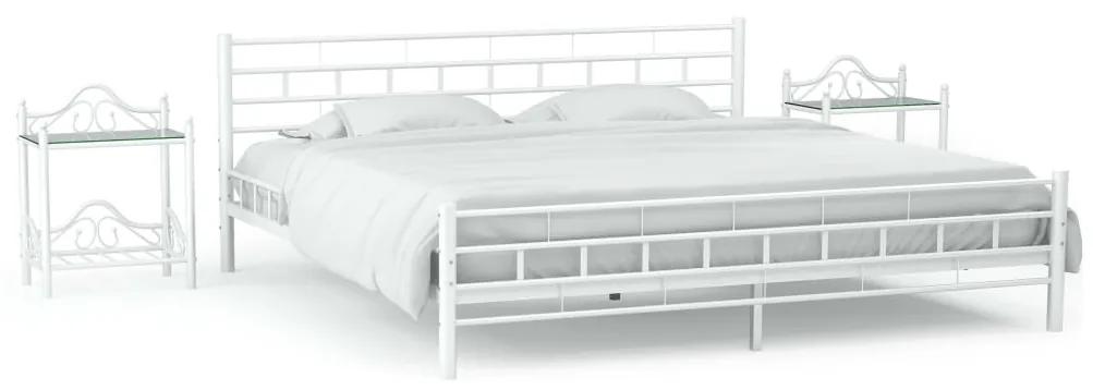 vidaXL Rám postele s 2 nočnými stolíkmi biely kovový 160x200 cm