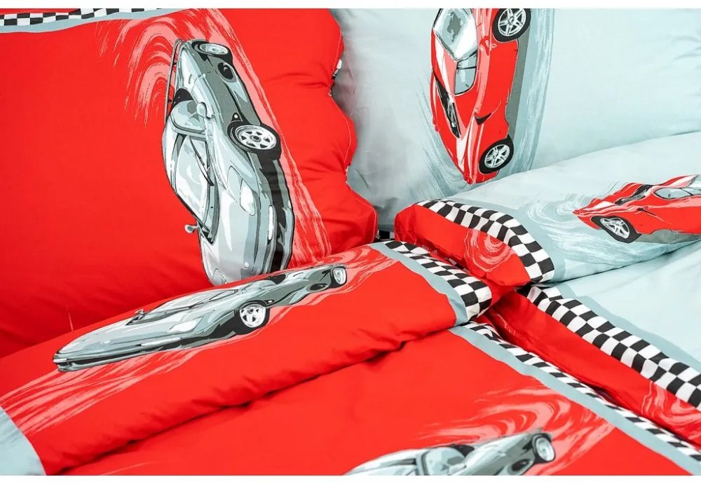 Stanex  Detské posteľné obliečky bavlnené Autíčka červené  140x200/70x90 cm