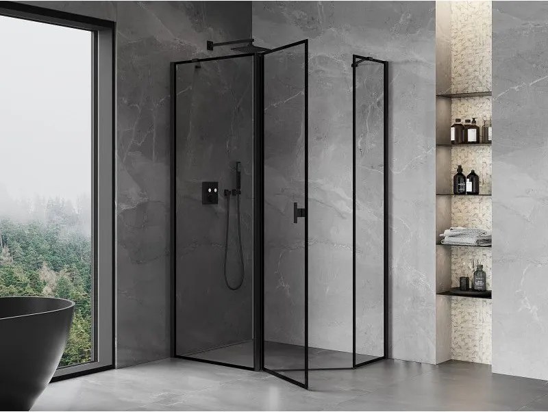 Mexen Mist, päťuholníkový sprchový kút, ľavý 90 x 80 cm, číre sklo-čierny rám, 8A8-090-080-70-70-L