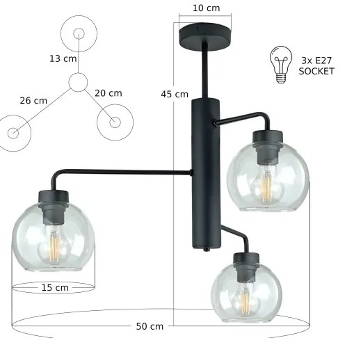 Luster na tyči FLEX 3xE27/60W/230V čierna/číra