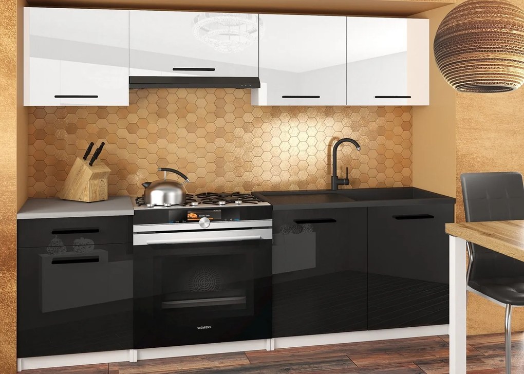 Kuchynská linka Belini 180 cm biely lesk / čierny lesk s pracovnou doskou Superuniqa2 INF SUPERUNIQA2/4/WT/WB/0/B1