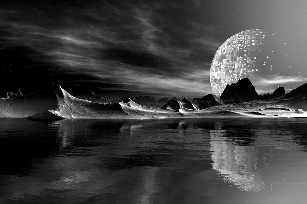 Samolepiaca tapeta futuristická čiernobiela planéta - 450x300