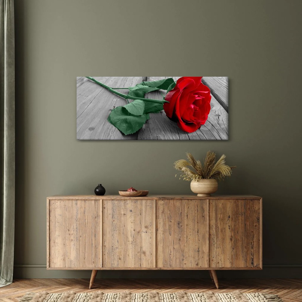 Obraz - Červená ruža so zelenou stonkou (120x50 cm)