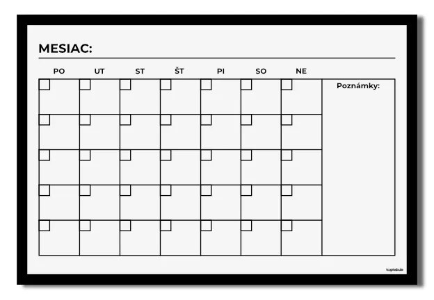 Toptabule.sk  Mesačná plánovacia magnetická tabuľa v čiernom drevenom ráme 90 x 60 cm
