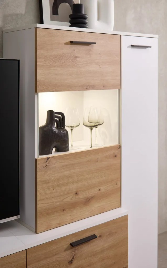 Obývacia stena Heathrow, biela/dub artisan, s osvetlením