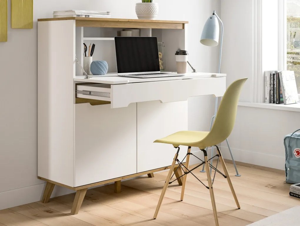 Sekretár s výklopným stolíkom Scandi, biela/dub nox