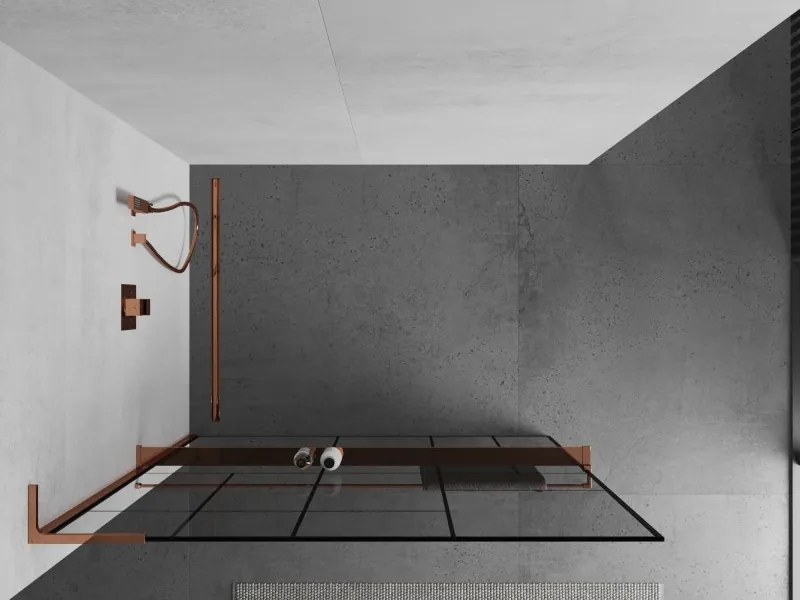 Mexen Kioto+ L, sprchová zástena Walk-In s poličkou a vešiakom 100 x 200 cm, 8mm číre sklo čierny vzor, ružové zlato profil, 800-100-123-60-78