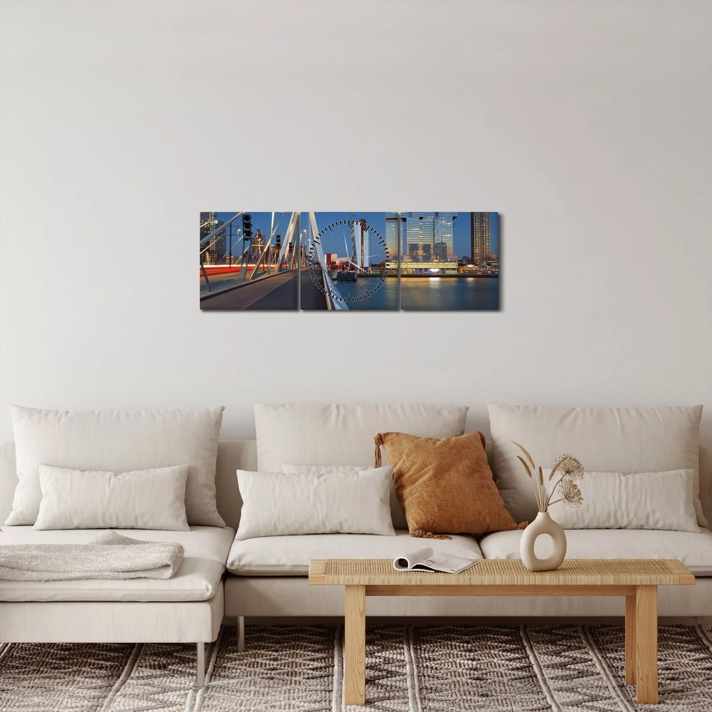 Obraz - Súmrak v Rotterdame, Holandsko (s hodinami) (90x30 cm)