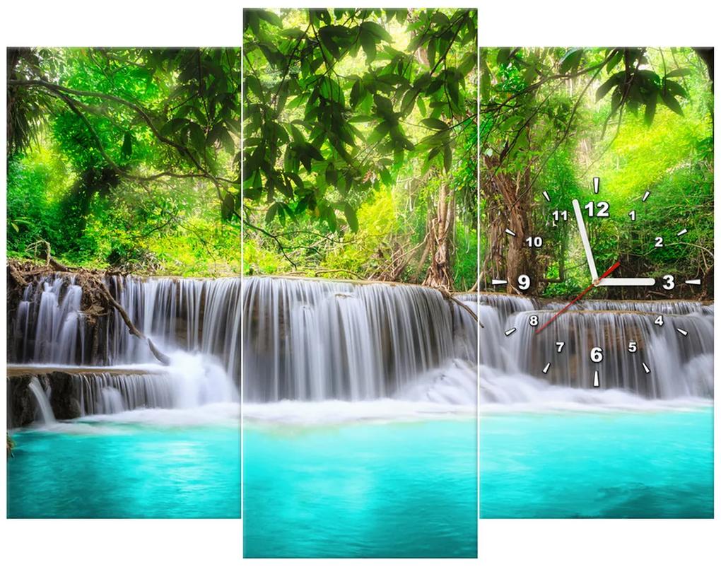 Gario Obraz s hodinami Nádherný vodopád v Thajsku - 3 dielny Rozmery: 90 x 70 cm