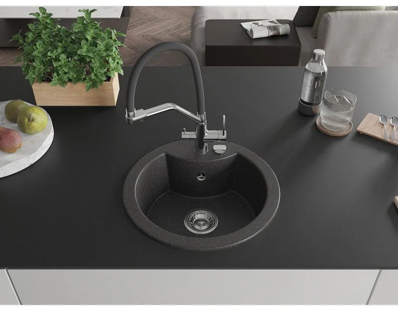 Mexen Diego, 1-komorový granitový drez 488x488x167 mm a drezová batéria Duo, čierna škvrnitá, 6512-76-671701-07