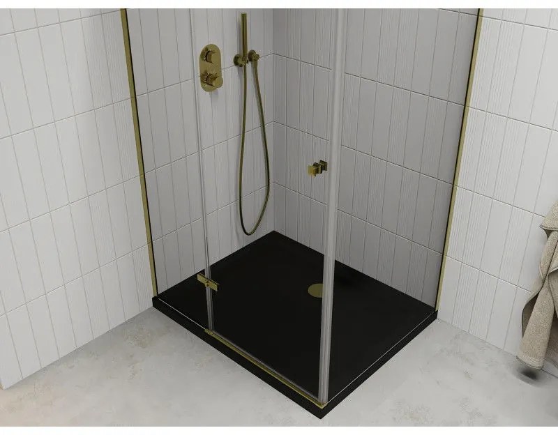 Mexen Roma, sprchovací kút s 1-krídlovými dverami 100 (dvere) x 80 (stena) cm, 6mm číre sklo, zlatý profil, slim sprchová vanička 5cm čierna, 854-100-080-50-00-4070G