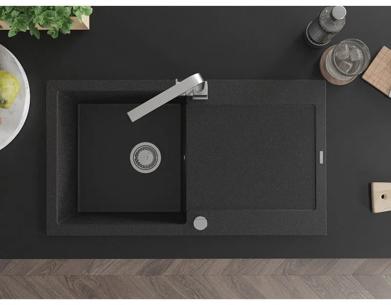 Mexen Leo, drez granitový 900x500x190 mm, 1-komorový, čierna - strieborná metalíza s chrómovým sifónom a chrómová drezová batéria Rita, 6501-73-670300-00