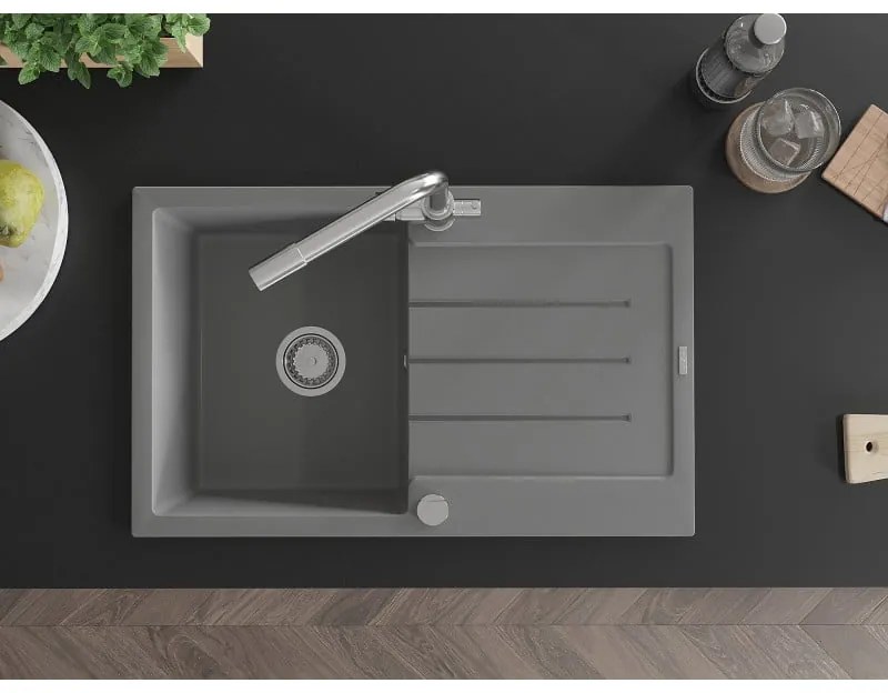 Mexen Bruno, 1-komorový granitový drez s odkvapkávačom 795x495x200 mm a chrómová batéria Duero, šedá, 6513-71-671600-00