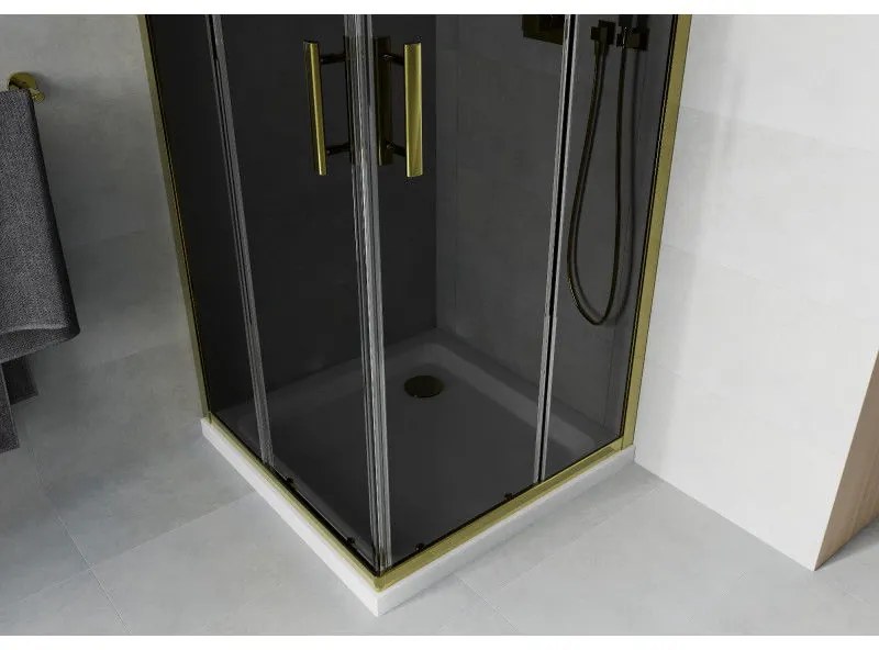 Mexen Rio, štvorcový sprchovací kút s posuvnými dverami 90(dvere) x 90(dvere) x 190 cm, 6mm šedé sklo, zlatý profil + biela sprchová vanička SLIM, 860-090-090-50-40-4010G