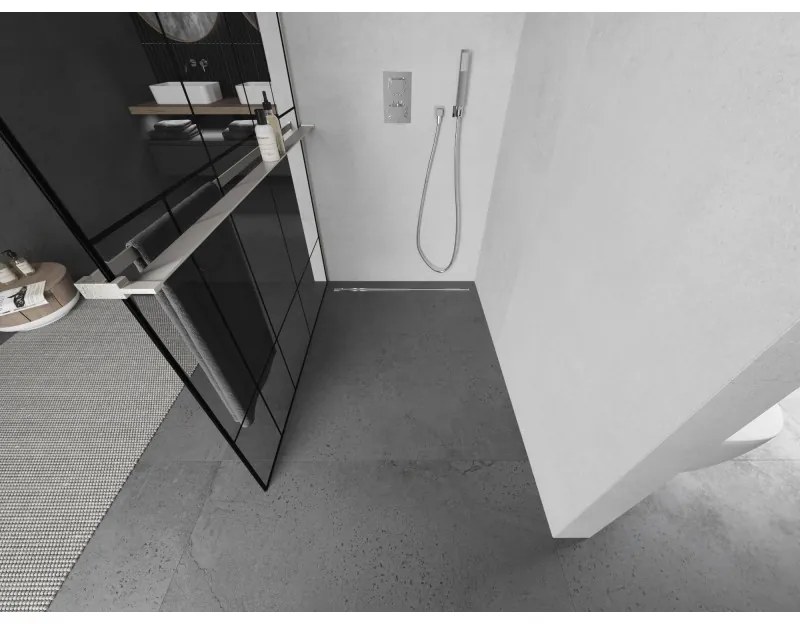 Mexen Kioto+, sprchová zástena Walk-In s poličkou a vešiakom 110 x 200 cm, 8mm číre sklo čierny vzor, brúsená oceľ profil, 800-110-121-97-78