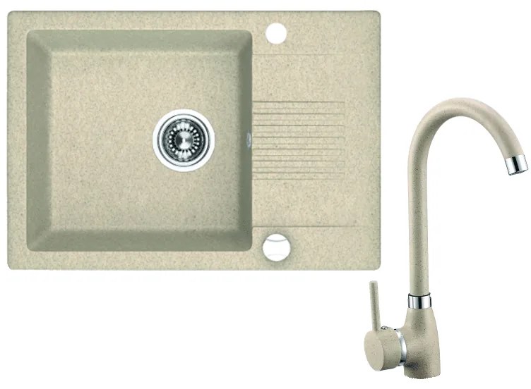 Laveo Ceilia, 1-komorový granitový drez 650x440x185mm + vysoká drezová batéria, béžová, LAV-SJCG413T