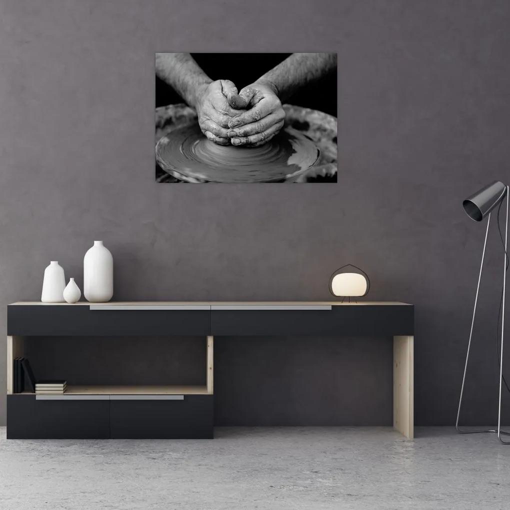 Čiernobiely sklenený obraz - výroba keramiky (70x50 cm)