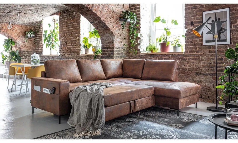 Hnedá rozkladacia rohová pohovka z imitácie kože (pravý roh) Lofty Lilly – Miuform