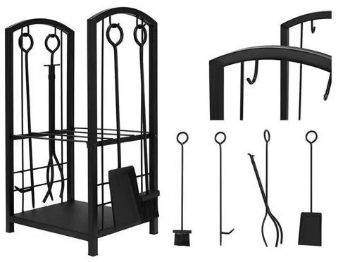 Kôš na drevo s krbovým náradím 30x40x73 cm čierna