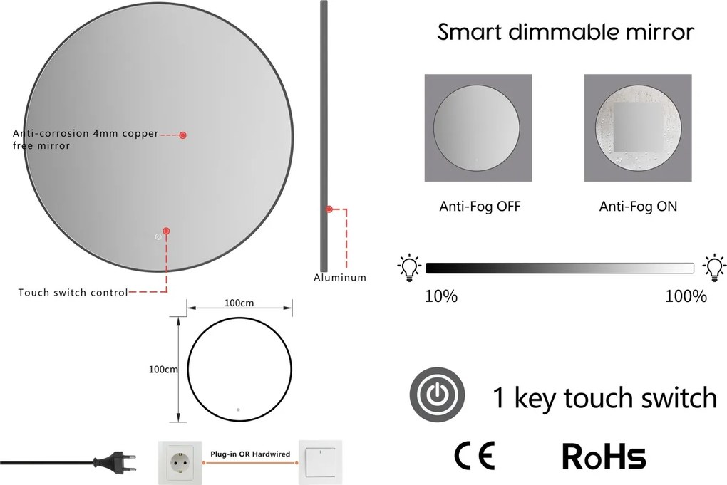 Erga Emma, okrúhle LED zrkadlo 100cm, čierny kovový rám, 2300 lm, 6500K, zadné osvetlenie, ERG-V01-201-1010-BK
