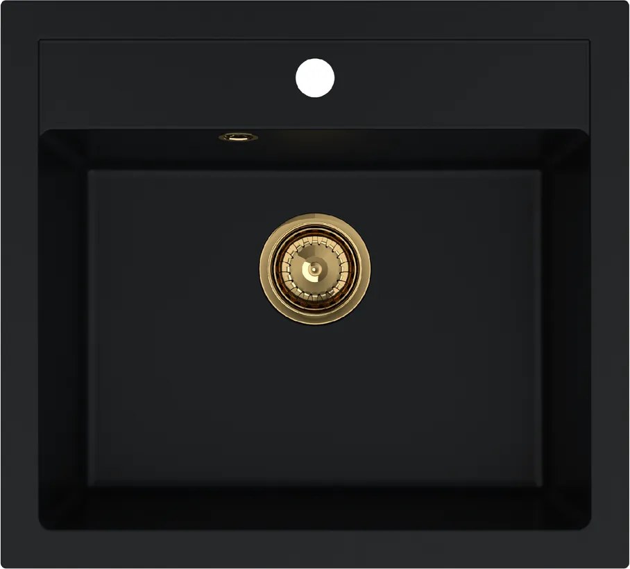 Sink Quality Ferrum, kuchynský granitový drez 565x510x205 mm + zlatý sifón, čierna, SKQ-FER.C.1K60.XG