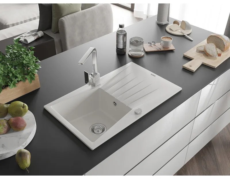 Mexen Cesar, granitový drez 775x470x190 mm, 1-komorový, biela s chrómovým sifónom a chrómová drezová batéria Rita, 6514-20-670300-00