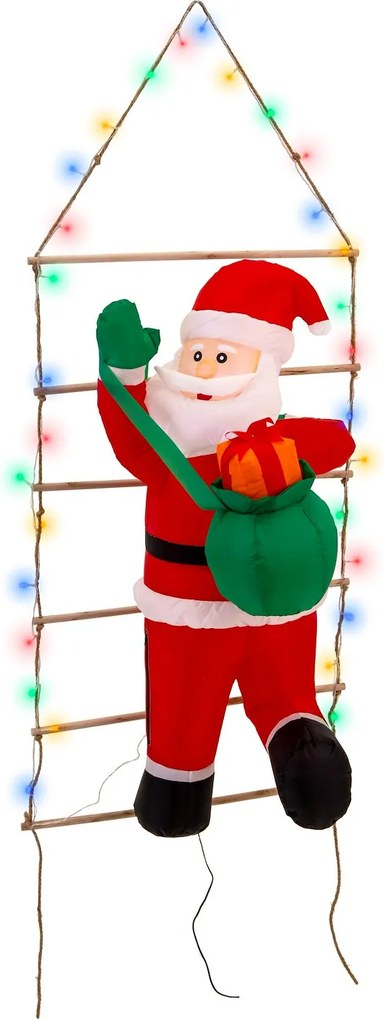 JU Nafukovací Santa na rebríku, 150 cm, 30 farebných LED, 1 biela LED, vonkajšie použitie