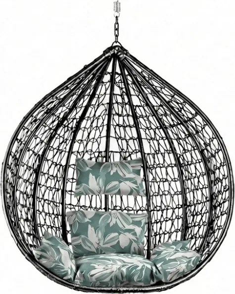 Čierne závesné kreslo KOKON bez stojana, zeleno-biely vankúš
